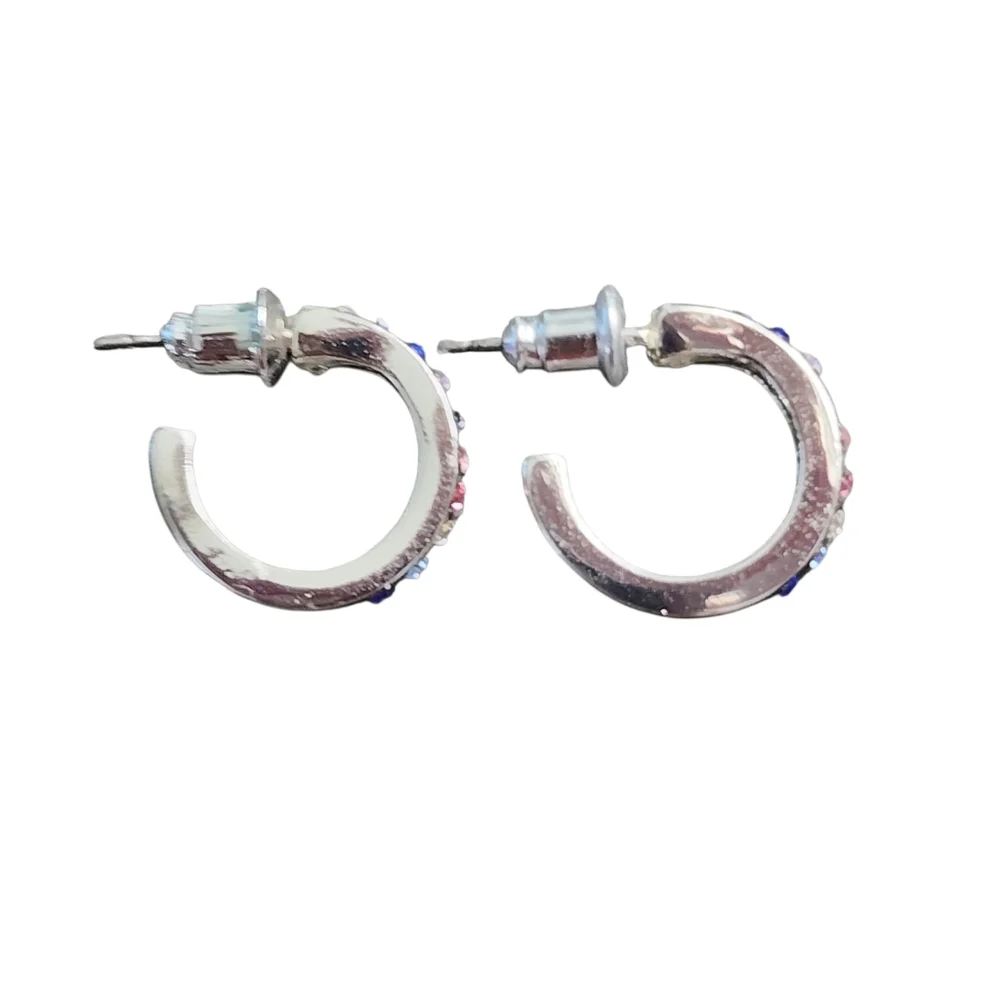 Silvertone Blue and Pink Huggie Earrings